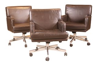 Three Modern Brown Leather Rolling Chairs