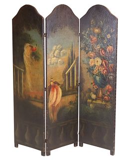 Northern European Painted Canvas Three Panel Screen