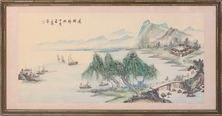 Large Chinese Watercolor on Silk of a River