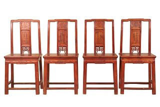 Four Chinese Red Lacquer Carved Wedding Chairs