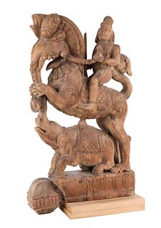 Indian Carved Wood Sculpture of a Man on Horseback