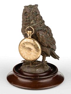 PAINT-DECORATED METAL OWL FIGURAL WATCH HUTCH / STAND