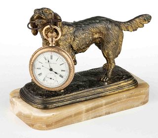 GILT-DECORATED CAST-METAL FIGURAL DOG / SETTER WATCH HUTCH / STAND