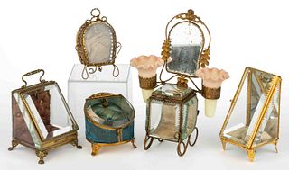 ASSORTED VICTORIAN GLASS VITRINE CASKET-TYPE WATCH HUTCHES / STANDS, LOT OF FIVE