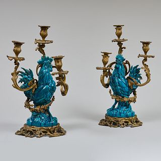 Pair of Continental Turquoise Glazed Cockerels Ormolu-Mounted as Three-Light Candelabra