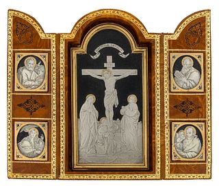 CONTINENTAL LEATHER FOLDING RELIGIOUS ICON WITH ENGRAVED SILVER IMAGES