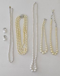 COLLECTION OF FAUX PEARL NECKLACES & EARRINGS