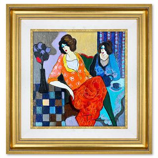Itzchak Tarkay (1935-2012), "Sisters" Framed One-of-a-Kind Mixed Media Over Paint on Wood, Hand Signed with Letter of Authenticity