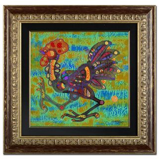 Earth Rooster Original Mixed Media Painting by Renowned Artist Lu Hong, Hand Signed by the Artist with Certificate of Authenticity. Custom Framed and 