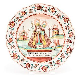 An Our Lady of Kevelaer Polychrome Creamware Plate Diameter 9 1/2 inches.