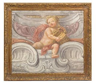 A Continental Painted Mural Fragment, 18TH CENTURY, depicting a cherub in an architectural setting, in a giltwood frame