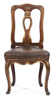 A Venetian Rococo Style Painted Wood and Parcel Gilt Side Chair Height 36 x width 18 x depth 16 inches.