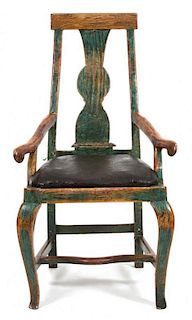 A Venetian Painted Wood Armchair Height 39 x width 21 x depth 19 inches.