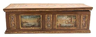 An Italian Painted and Parcel Gilt Box Height 6 x width 20 1/2 x depth 8 inches.