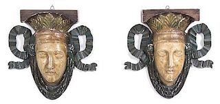 A Pair of Italian Painted and Carved Mask Wall Brackets Height 13 inches.