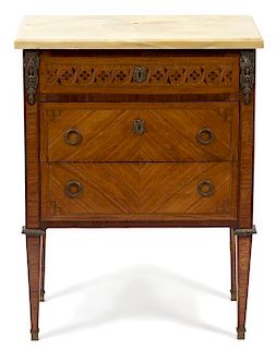A Louis XVI Parquetry Style Marble Top Side Cabinet Height 30 x width 23 x depth 13 1/2 inches.