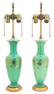 A Pair of Green Opaline Enameled Glass Vases Height overall 25 inches.