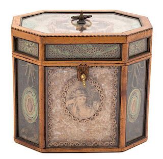 A George III Quillwork and Rolled Paperwork Octagonal Tea Caddy Height 8 inches.