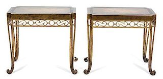 A Pair of Regency Style Faux Decorated and Gilt Metal Side Tables Height 25 x width 16 1/2 x depth 27 3/4 inches.