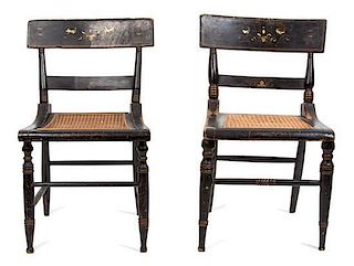 A Pair of Baltimore Painted Cane Seat Side Chairs Height 30 inches.