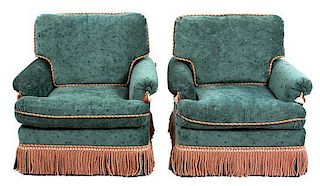 A Pair of Upholstered Armchairs Height 30 x width 35 x depth 36 inches.