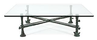 A Bronze and Glass Top Low Table Height 16 x width 52 x depth 58 inches.