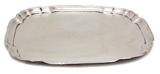 An American Silver Squared Form Serving Tray, Possibly Graff, Washborn & Dunne, with molded border and central monogram