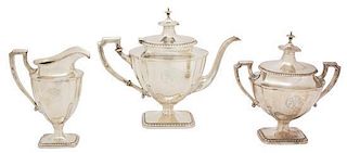 An American Silver Three Piece Tea Service, Reed & Barton, 20th Century, St. George pattern, comprising a teapot, creamer and