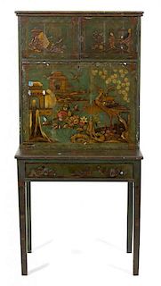 A Chinese Lacquered Drop Front Secretary Desk Height 58 x width 28 x depth 18 1/4 inches.