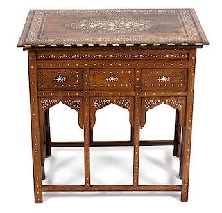 An Anglo Indian Bone-Inlaid Cedar Campaign Table Height 30 x width 30 x depth 20 inches.