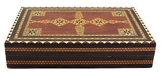 A Syrian Style Inlaid Game Box Height 3 x width 14 1/4 x depth 9 3/4 inches.