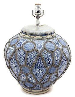 A Turkish Blue and White Fruitware Vase Height 14 inches.