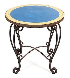 A Mosaic Tile and Ironwork Table Height 30 x diameter 29 1/2 inches.