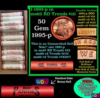 THIS AUCTION ONLY! BU Shotgun Lincoln 1c roll, 1995-p 50 pcs Plus one bonus random date BU roll! Bank Wrapper 50c