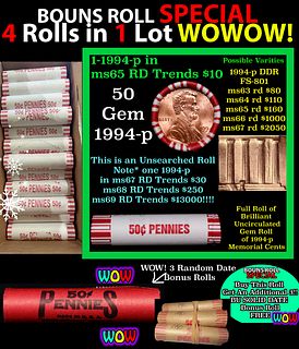 THIS AUCTION ONLY! BU Shotgun Lincoln 1c roll, 1994-p 50 pcs Plus THREE bonus random date BU roll! Bank Wrapper 50c