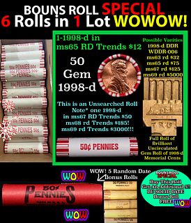 THIS AUCTION ONLY! BU Shotgun Lincoln 1c roll, 1998-d 50 pcs Plus FIVE bonus random date BU roll! Bank Wrapper 50c