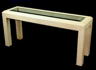 BEIGE LACQUERED GLASS TOP CONSOLE TABLE