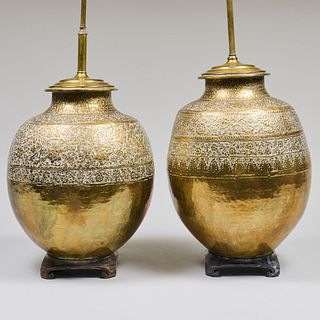 Pair of Persian Style Hammered Brass Vessels Mounted as Lamps