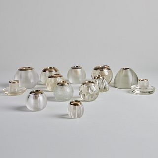 Group of Thirteen English Silver Mounted Glass Match Strikers