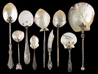 STERLING AND OTHER MOTHER-OF-PEARL FLATWARE, LOT OF NINE
