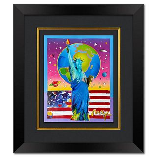 Peter Max, "Liberty with Earth & Flag" Framed One-of-a-Kind Acrylic Mixed Media, Hand Signed with Registration Number Certifying Authenticity