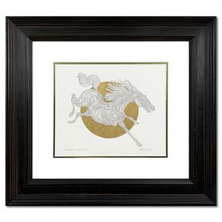 Guillaume Azoulay, "Rising Sun Sketch AZO" Framed Original Drawing with Gold Leaf, Hand Signed with Letter of Authenticity.