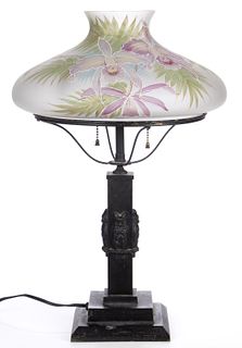 VICTORIAN ENAMEL-DECORATED OWLS ELECTRIC TABLE LAMP