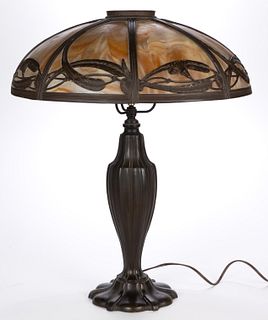 AMERICAN SLAG GLASS AND METAL OVERLAY ELECTRIC TABLE LAMP