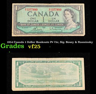 1954 Canada 1 Dollar Banknote P# 75c, Sig. Bouey & Rasminsky Grades vf+