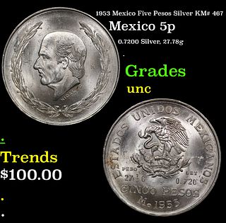 1953 Mexico Five Pesos Silver KM# 467 Grades Brilliant Uncirculated
