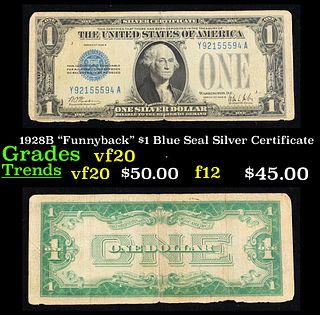 1928B "Funnyback" $1 Blue Seal Silver Certificate Grades vf, very fine