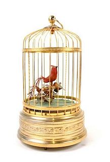 Red Feathered Caged Bird Automaton, 20th C.