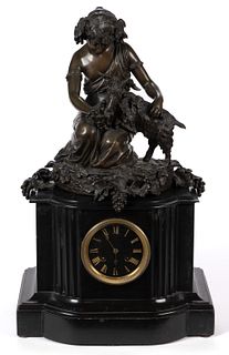 FRENCH BLACK SLATE AND BRONZE FIGURAL MANTEL CLOCK