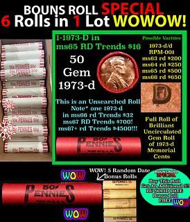 THIS AUCTION ONLY! BU Shotgun Lincoln 1c roll, 1973-d 50 pcs Plus FIVE bonus random date BU roll! Bank Wrapper 50c